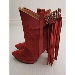 ZARA Red Suede Western Heel Booties SZ 38 Fringe Chain Pointed Toe US 7